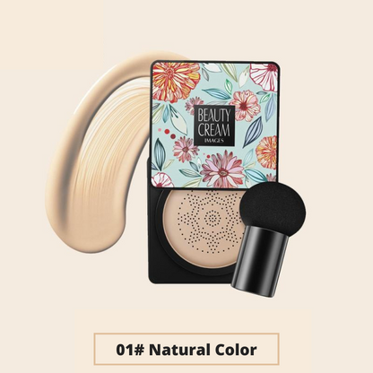 Water-resistant beauty base foundation cream in 01 Natural Color with mushroom head sponge applicator.