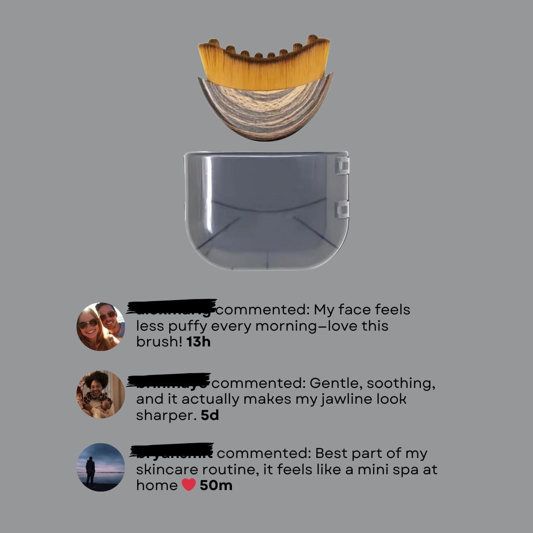 RadiantGlow Lymphatic Facial Brush with wooden handle and protective case, featured with positive customer testimonials.