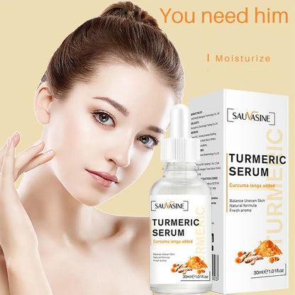 Sauvasine Brightening Turmeric Serum for dark spots and acne marks with clear skin woman and product packaging.
