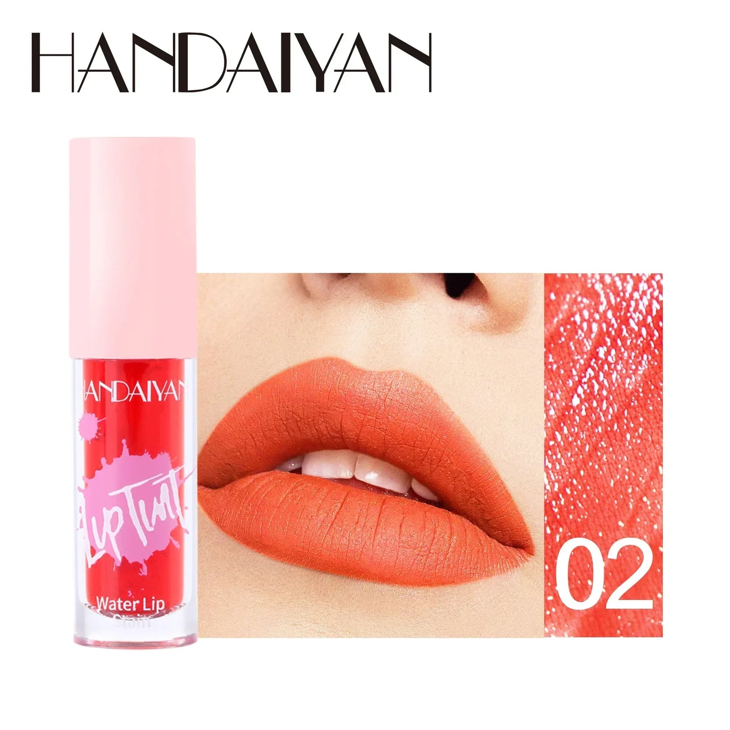 Handaiyan Fruit Juice Water Lip Stain in shade 02, shown on lips with a vibrant coral moisturizing finish.