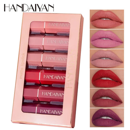 Handaiyan 6-piece matte lipstick kit with pink, red, and plum shades shown in packaging and applied on lips.