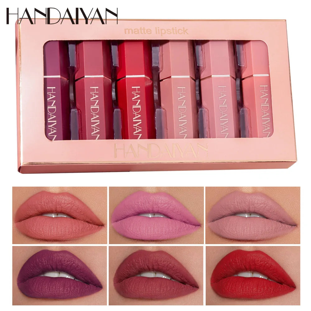 Handaiyan Matte Lipstick Kit showing six waterproof shades in a rose gold box with corresponding lip swatches.
