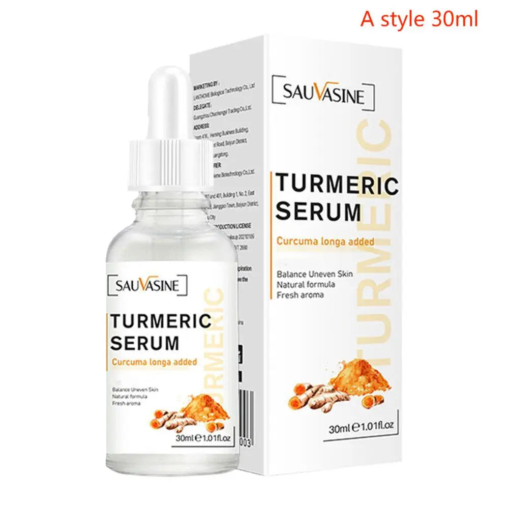 Sauvasine Brightening Turmeric Serum for dark spots, 30ml dropper bottle and box with turmeric root illustration.