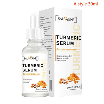 Sauvasine Brightening Turmeric Serum for dark spots, 30ml dropper bottle and box with turmeric root illustration.