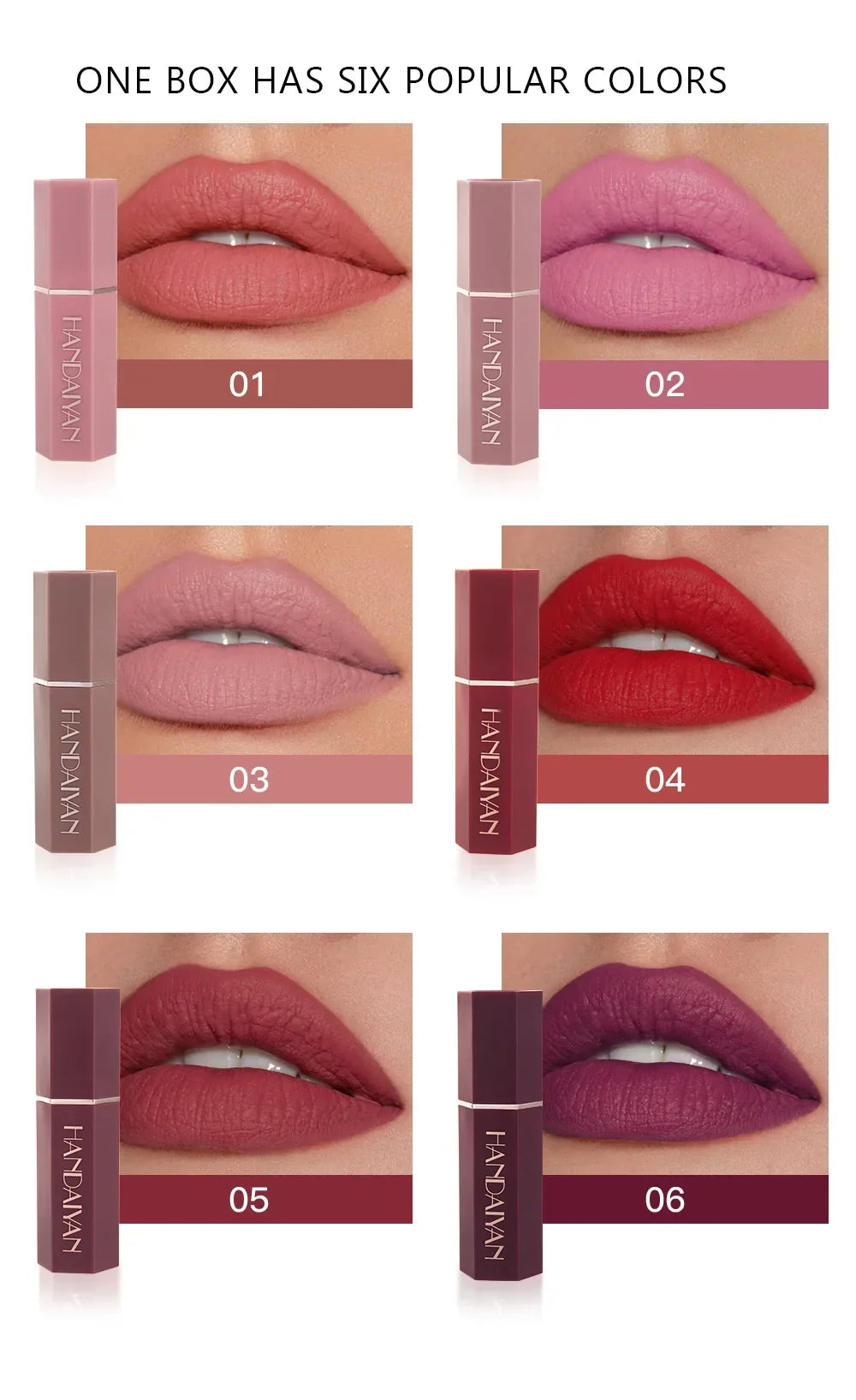 Handaiyan Matte Lipstick Kit swatches showing six waterproof shades from nude and pink to bold red and purple.
