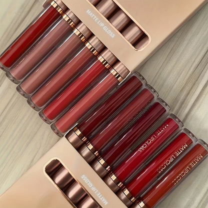 Luxe Glow 6-piece matte lip gloss kit featuring a range of red, berry, and nude shades in gold-capped tubes.