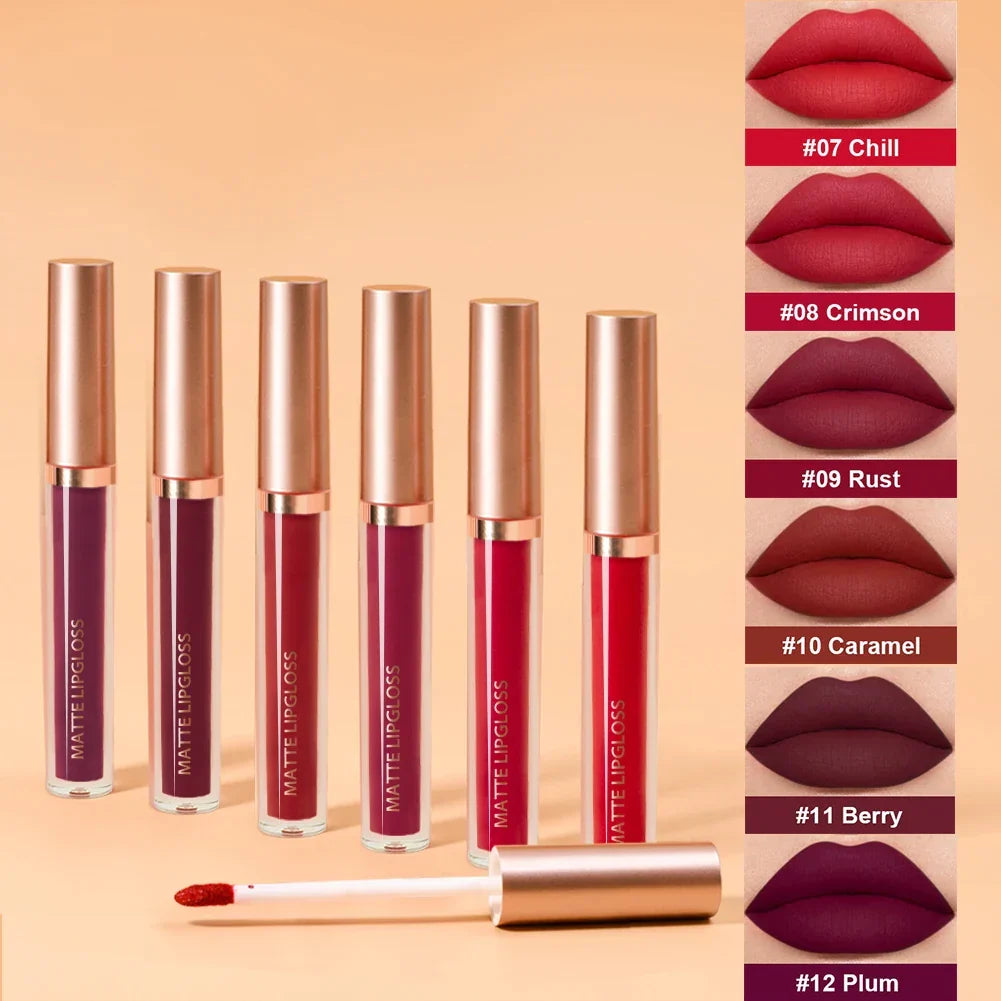 Luxe Glow 6-piece matte lip gloss kit with swatches of shades Chill, Crimson, Rust, Caramel, Berry, and Plum.