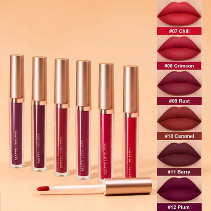 Luxe Glow 6-piece matte lip gloss kit with swatches of shades Chill, Crimson, Rust, Caramel, Berry, and Plum.