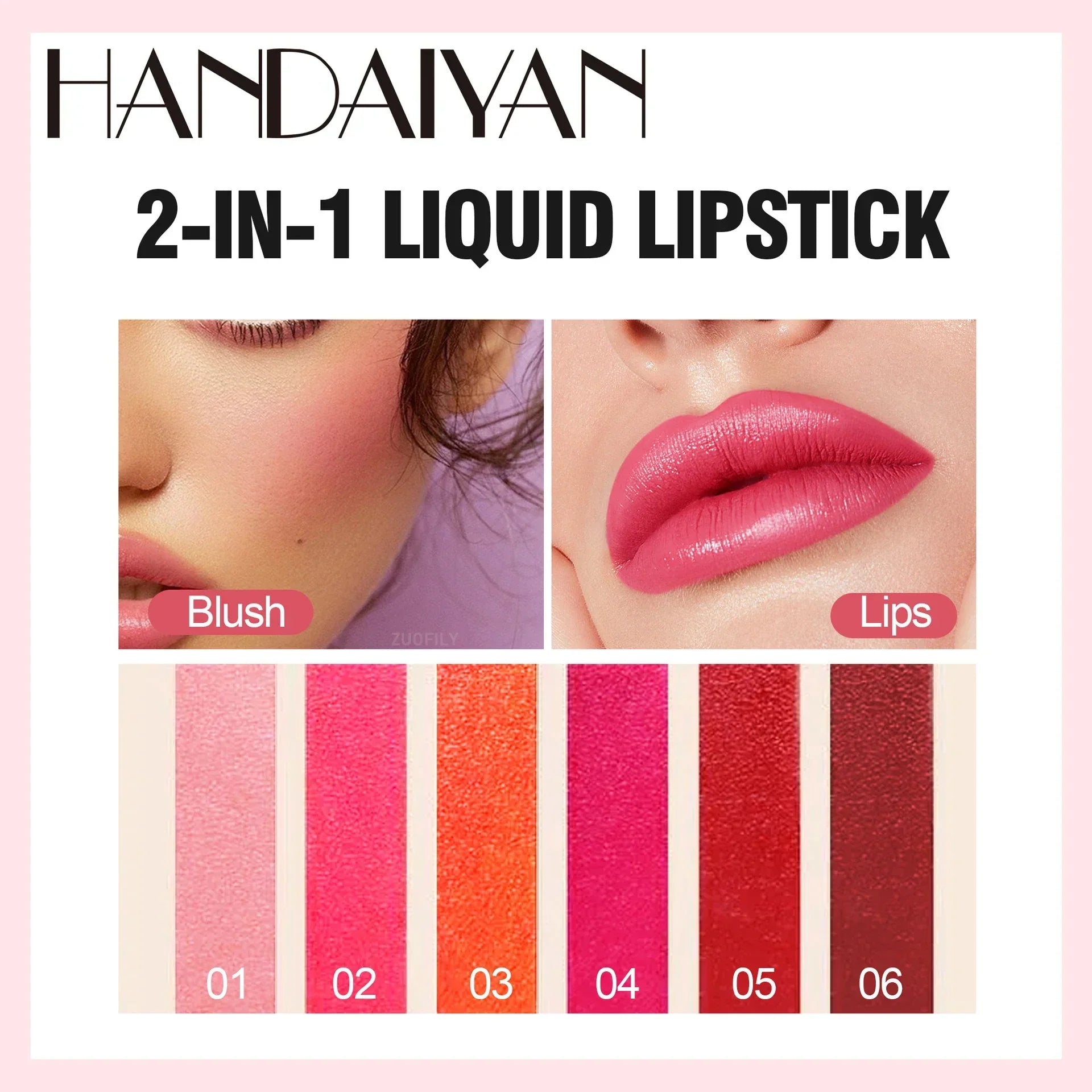 2-in-1 Handaiyan liquid lipstick and blush applied to lips and cheeks, with six vibrant stain color swatches.