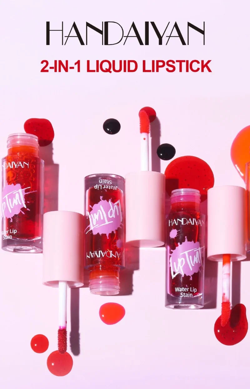 Handaiyan 2-in-1 moisturizing liquid lip and cheek stain set in vibrant red and orange fruit juice shades.