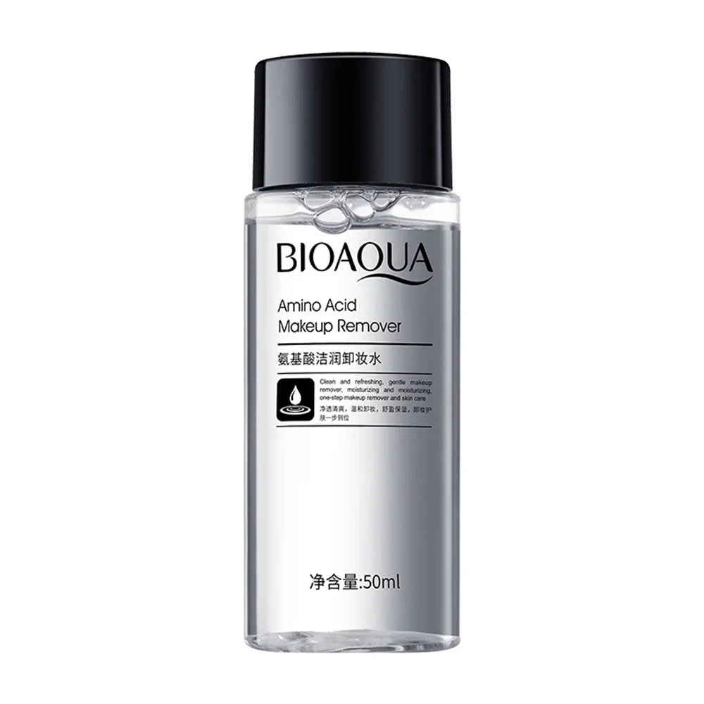 Bioaqua Amino Acid Micellar Water makeup remover in a 50ml travel-size clear bottle with a black screw-on cap.