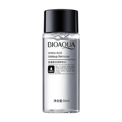 Bioaqua Amino Acid Micellar Water makeup remover in a 50ml travel-size clear bottle with a black screw-on cap.