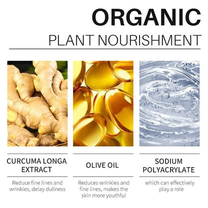 Organic Turmeric Serum ingredients: Curcuma Longa Extract, Olive Oil, and Sodium Polyacrylate for brightening dark spots.