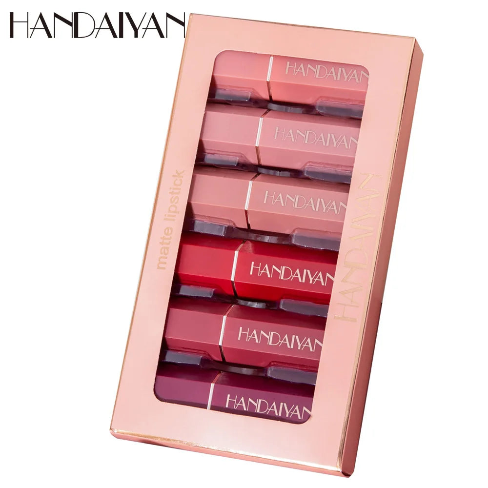 Handaiyan 6-piece matte lipstick kit in rose gold packaging featuring a range of nude, pink, red, and plum shades.