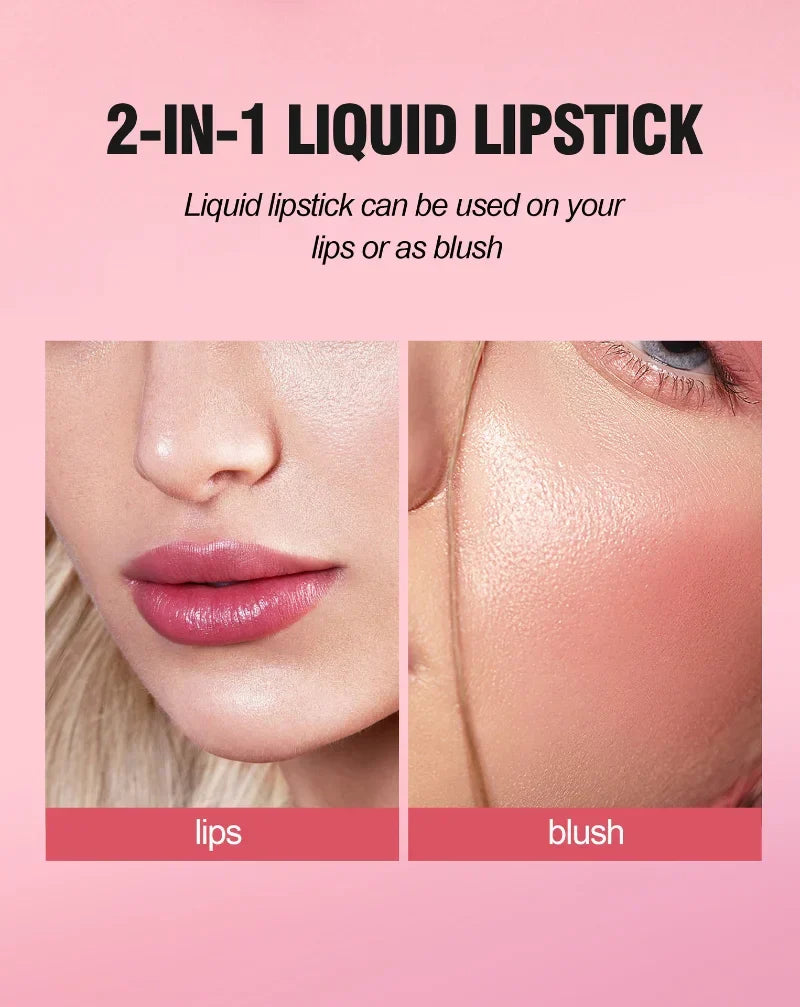 2-in-1 moisturizing liquid lipstick and cheek blush stain applied to a woman's lips and cheek for a vibrant pink glow.