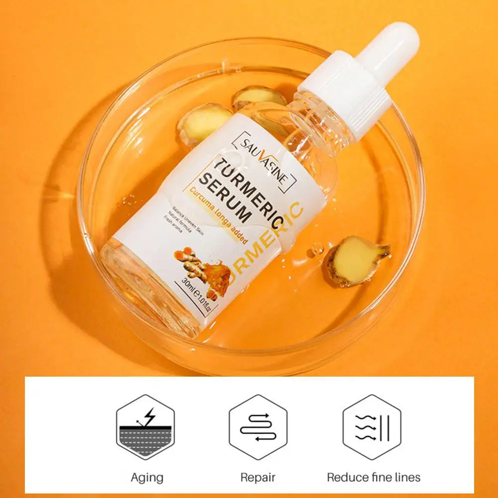 Brightening Turmeric Essential Oil Serum bottle for dark spots and fine lines, shown with fresh turmeric root slices.