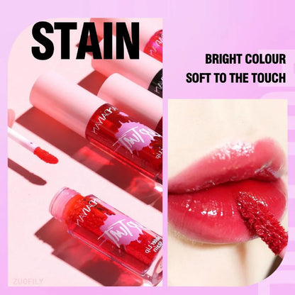 Vibrant red fruit juice lip stain being applied to lips, showing moist texture and long-lasting 2-in-1 cheek tint bottles.