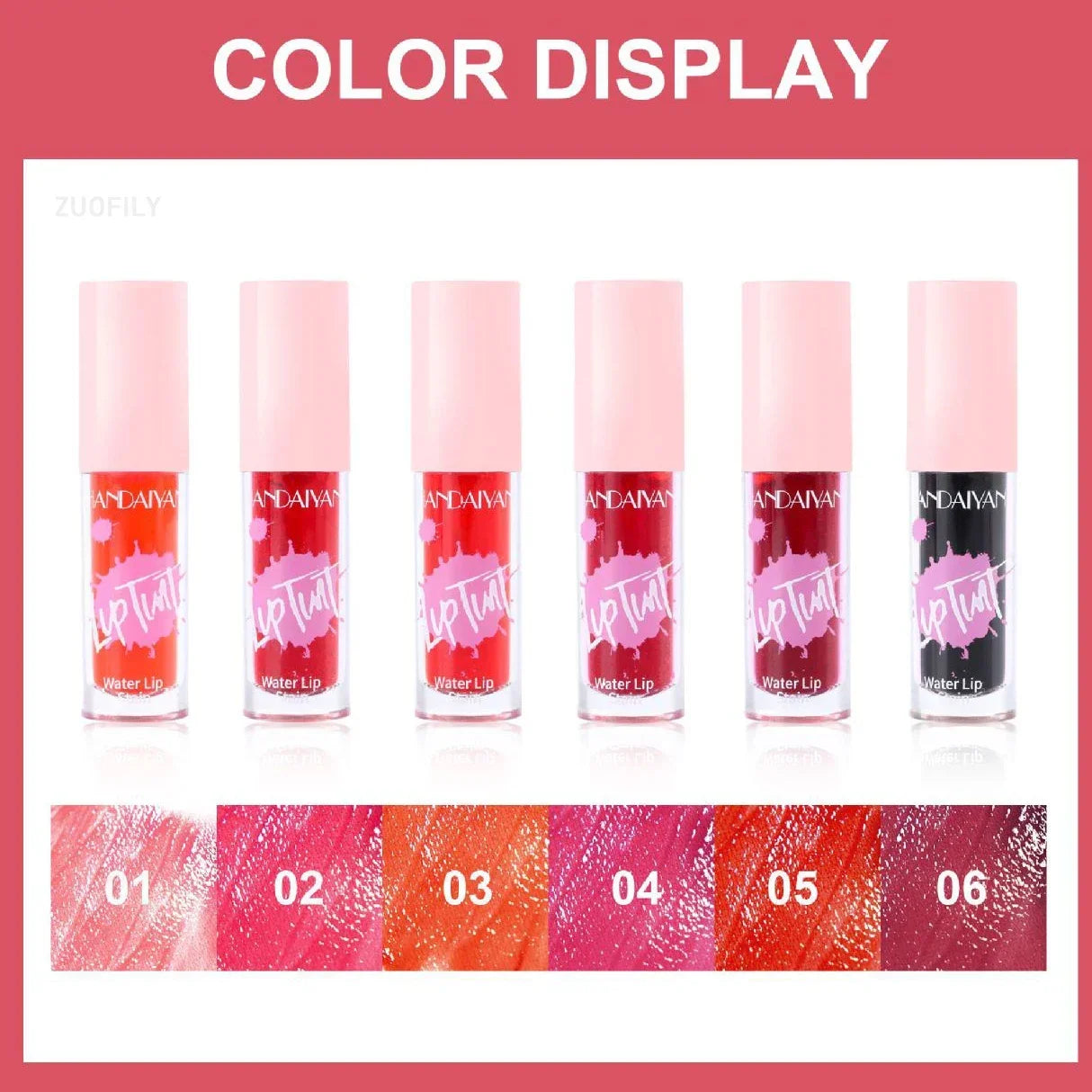 Color display of Fruit Juice long-lasting lip and cheek stains in six vibrant red, pink, and orange moisturizing shades.