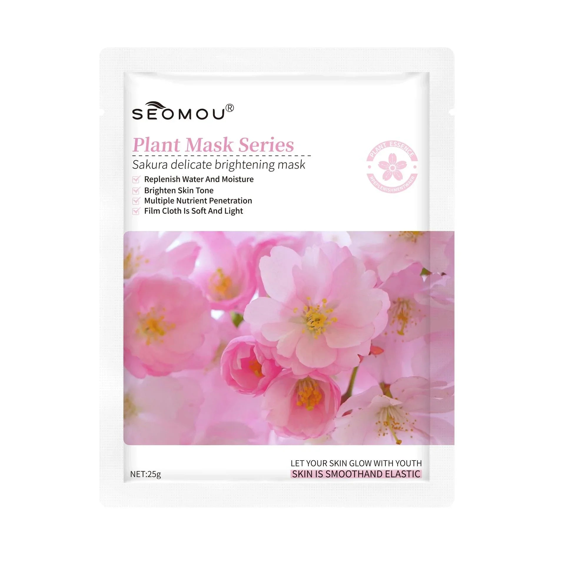 SEOMOU Sakura Delicate Brightening Mask from the Plant Mask Series with pink cherry blossom graphics, 25g sheet mask.