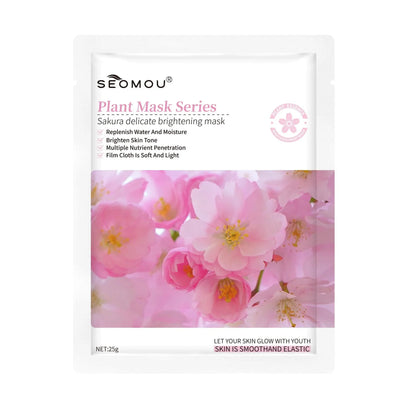 SEOMOU Sakura Delicate Brightening Mask from the Plant Mask Series with pink cherry blossom graphics, 25g sheet mask.