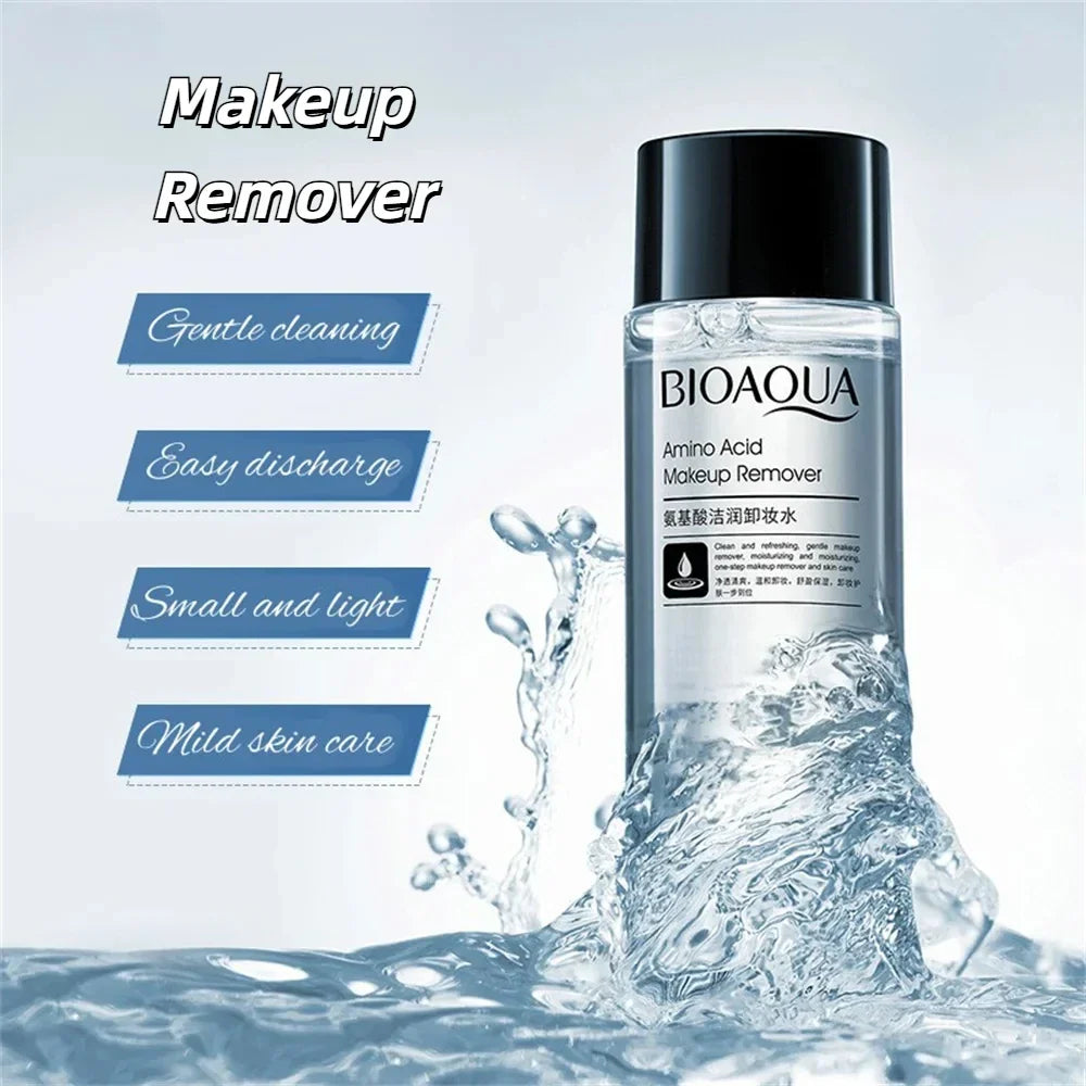 Bioaqua Amino Acid Micellar Water makeup remover travel bottle in a refreshing water splash with gentle cleaning text.