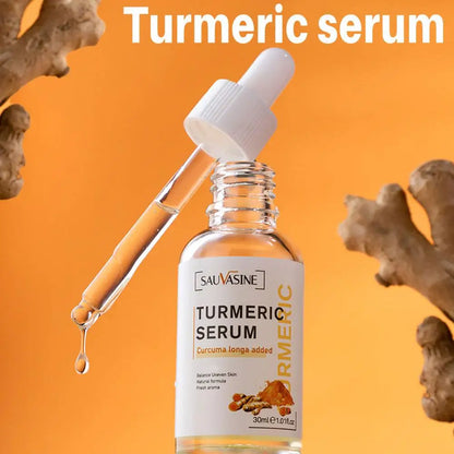 Turmeric face serum bottle with dropper and fresh turmeric root, brightening dark spot corrector for glowing skin.