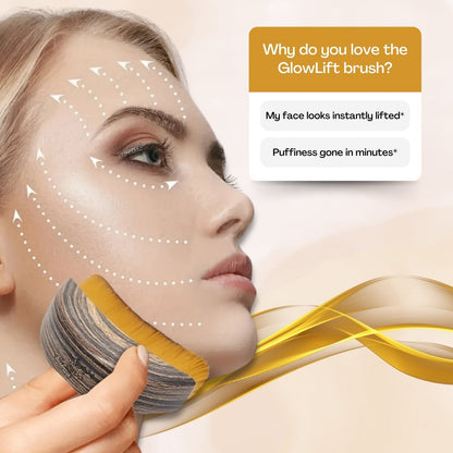 GlowLift Lymphatic Facial Brush used on a woman's face with white arrows showing lifting massage paths for depuffing.