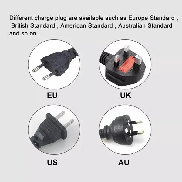 Universal dual voltage hair straightener plug options including US, EU, UK, and AU standards for travel.