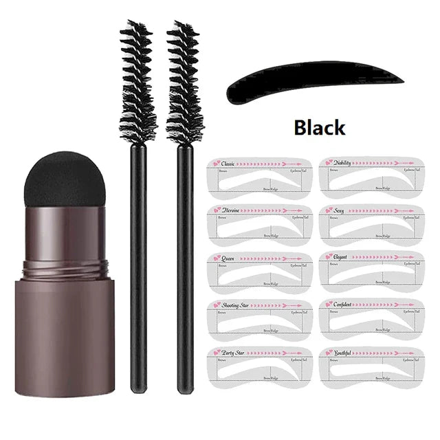 PerfectBrow™ Precision Stencil Kit in Black with 10 eyebrow stencils, 2 spoolie brushes, and a sponge stamp applicator.