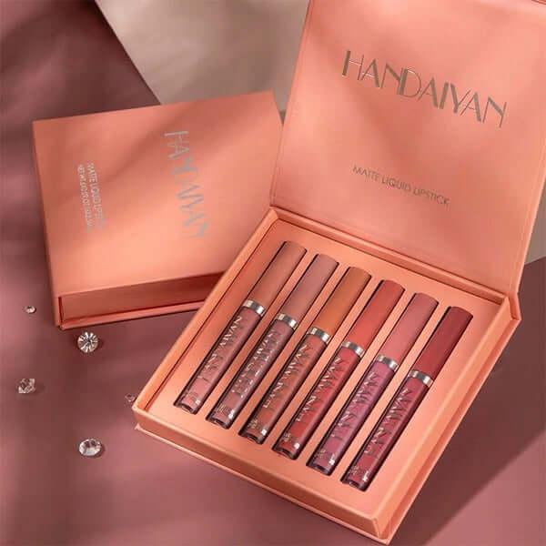 Handaiyan 6-piece matte liquid lipstick kit in peach gift box featuring a range of nude and rose waterproof shades.