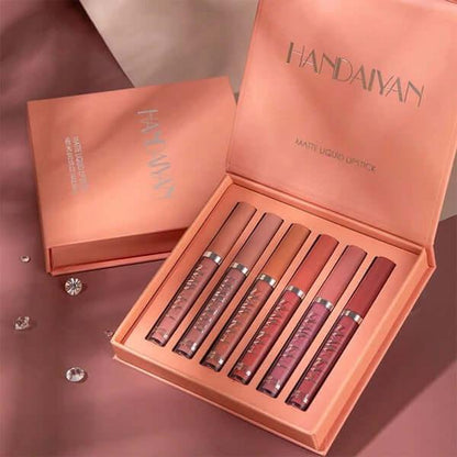 Handaiyan 6-piece matte liquid lipstick kit in peach gift box featuring a range of nude and rose waterproof shades.