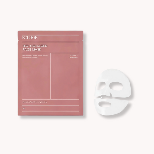 Bio-Collagen Face Mask by EELHOE in pink packaging with a white hydrating sheet mask for anti-aging skincare.