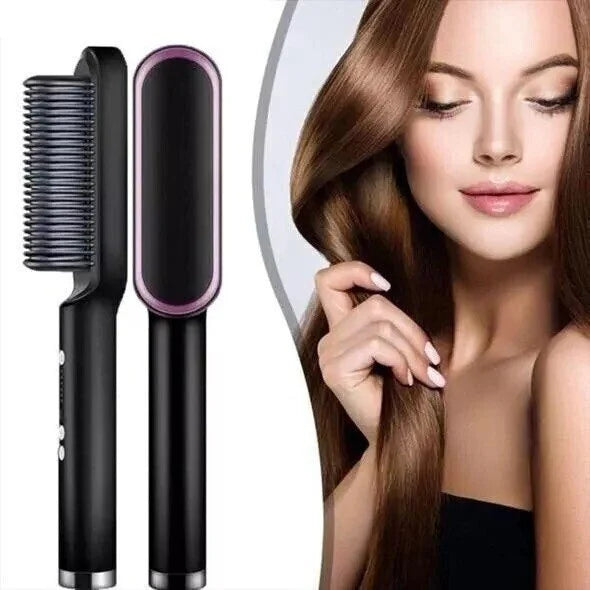 Revive Hair negative ion straightening comb in black shown with a model displaying smooth, frizz-free brunette hair.