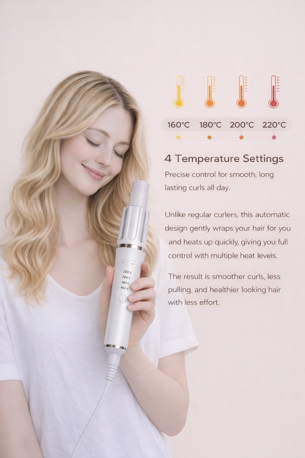 Solara Automatic Hair Curler in white with 4 temperature settings (160°C to 220°C) for smooth, long-lasting curls.