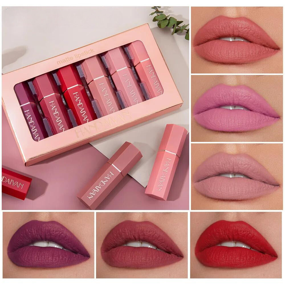 Handaiyan 6-piece matte lipstick kit with color swatches showing long-lasting, waterproof shades on lips.