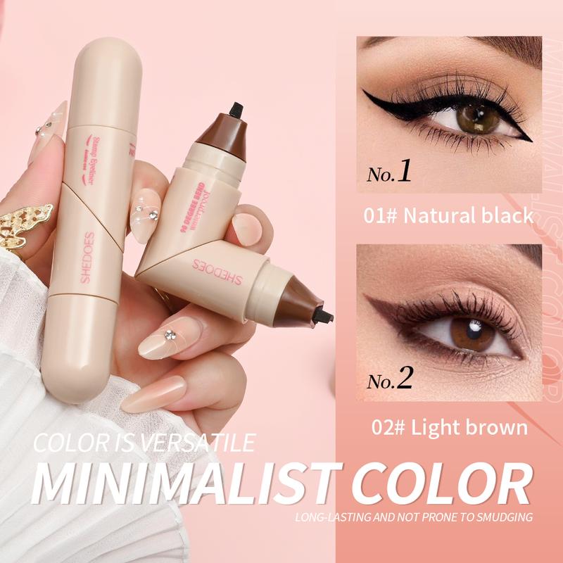 Double-ended waterproof winged eyeliner stamp in Natural Black and Light Brown showing 90-degree bend for easy application.