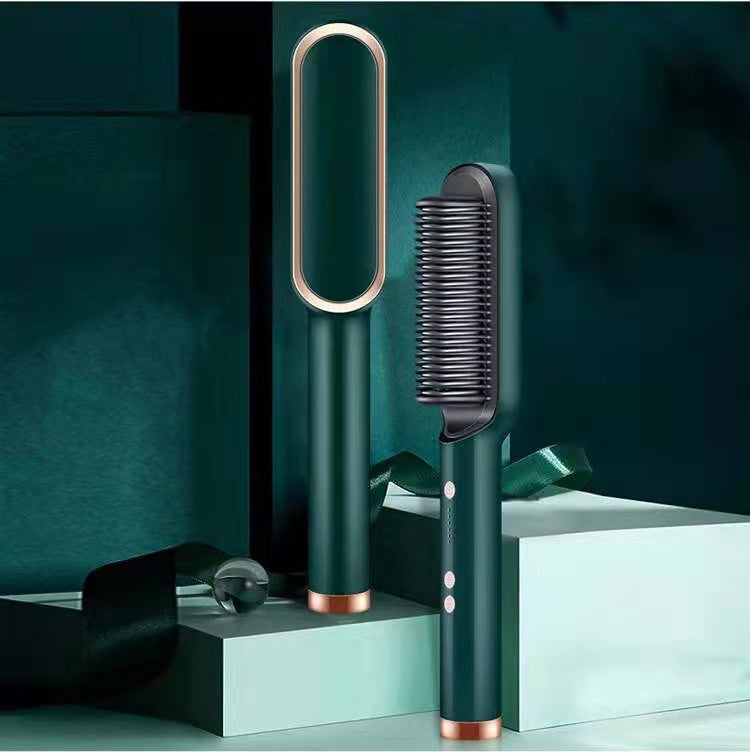 Revive Hair negative ion straightening comb in emerald green with rose gold accents on a modern display.