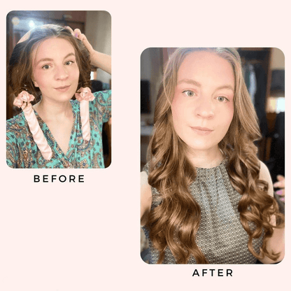 Before and after results using pink silk heatless hair curlers for overnight salon-style bouncy curls without heat damage.