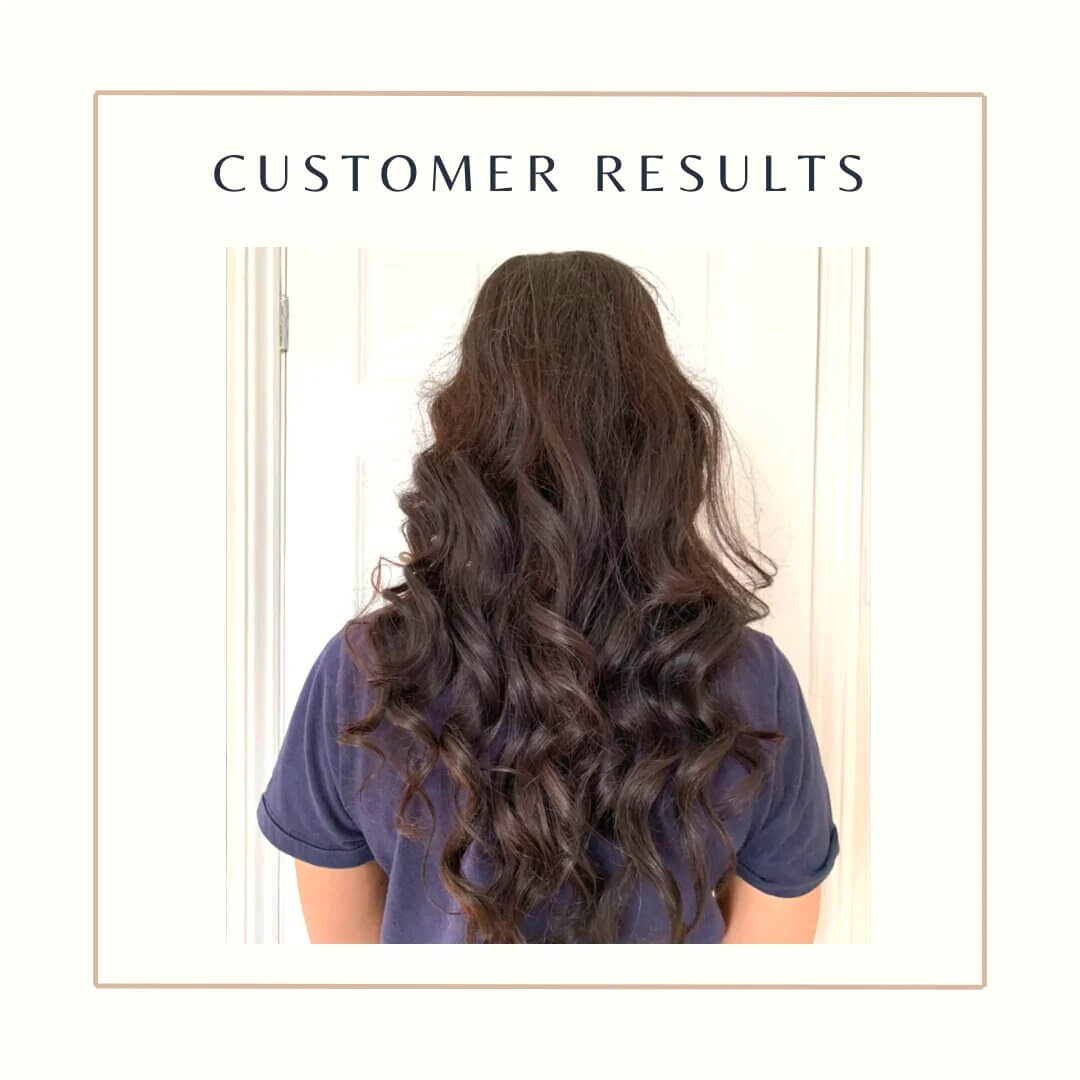 Rear view of long, bouncy brunette curls achieved with the CurlBliss heatless hair curler set.