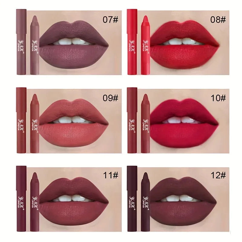 Six velvet matte lipstick pencil shades including red, pink, and plum shown on lips with corresponding applicator pens.