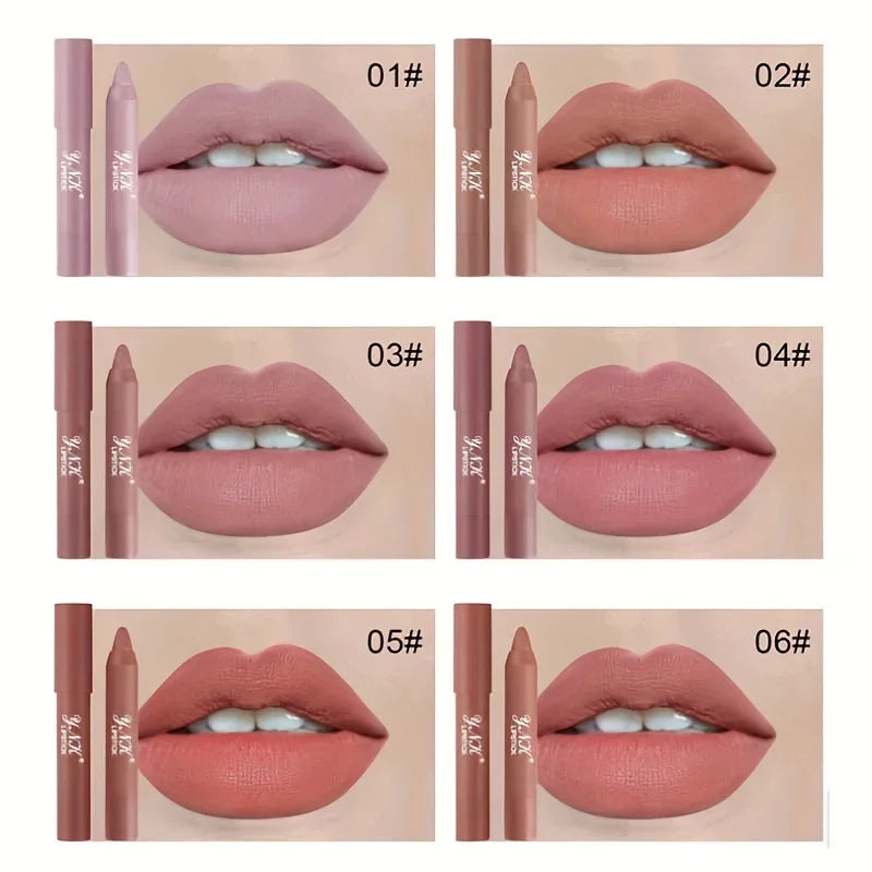 Six swatches of velvet matte lipstick pencils in pink and nude shades shown applied on lips with matching pencils.