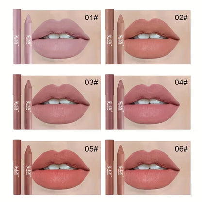Six swatches of velvet matte lipstick pencils in pink and nude shades shown applied on lips with matching pencils.