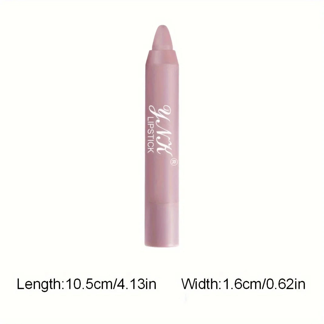 Velvet matte lipstick pencil in dusty rose with YNK branding and dimensions: 4.13 inches long and 0.62 inches wide.