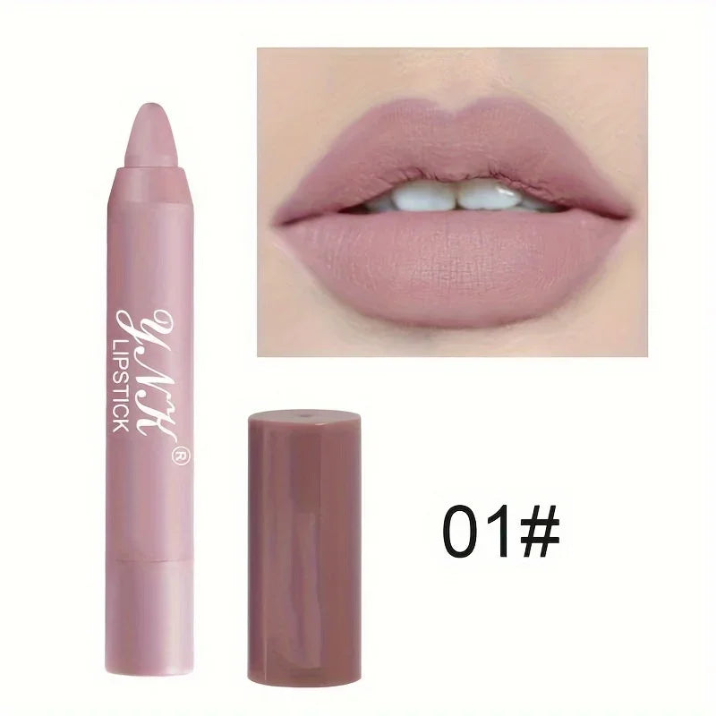 Velvet matte lipstick pencil in dusty rose shade 01 with a long-lasting finish shown applied on lips.