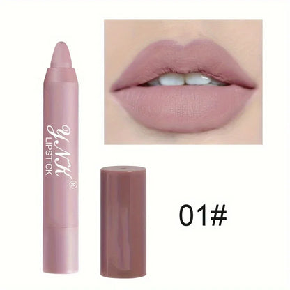 Velvet matte lipstick pencil in dusty rose shade 01 with a long-lasting finish shown applied on lips.