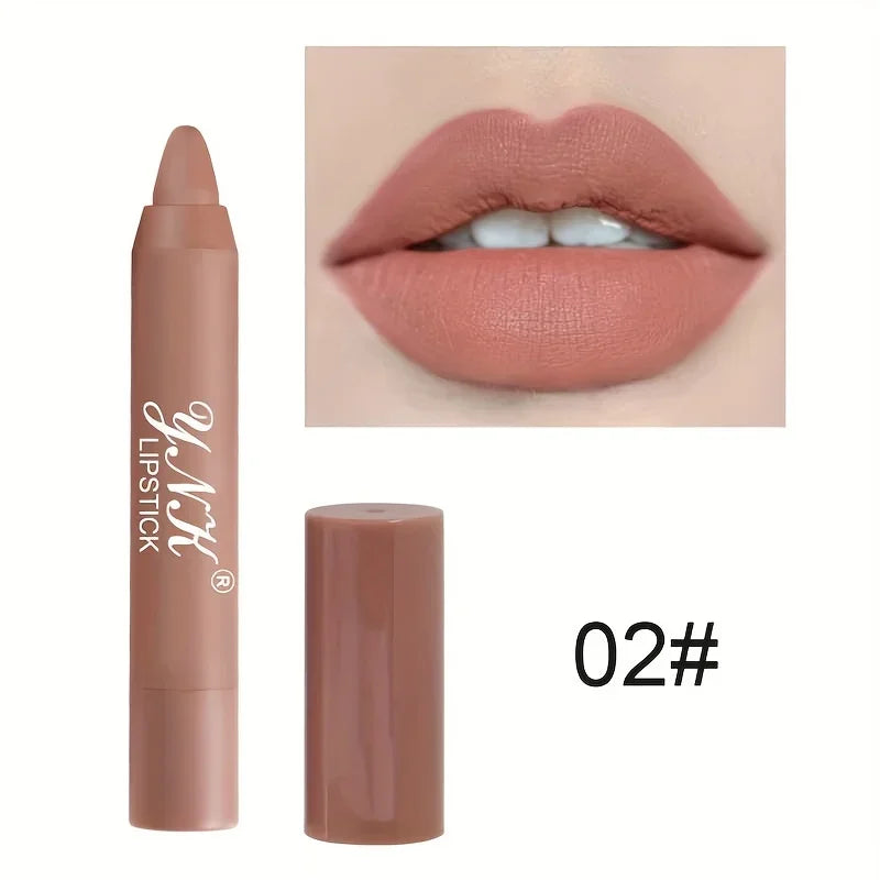 Velvet matte lipstick pencil in nude pink shade 02 applied to lips and shown as a standalone makeup product.