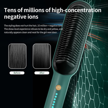 Revive Negative Ion Straightening Comb showing before and after frizz control results for sleek, smooth hair styling.