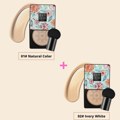 Water-resistant beauty base foundation cream in Natural Color and Ivory White shades with mushroom head sponge applicator.