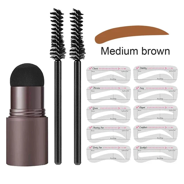 PerfectBrow Medium Brown Stencil Kit with foam stamp applicator, two spoolie brushes, and 10 eyebrow shaping templates.