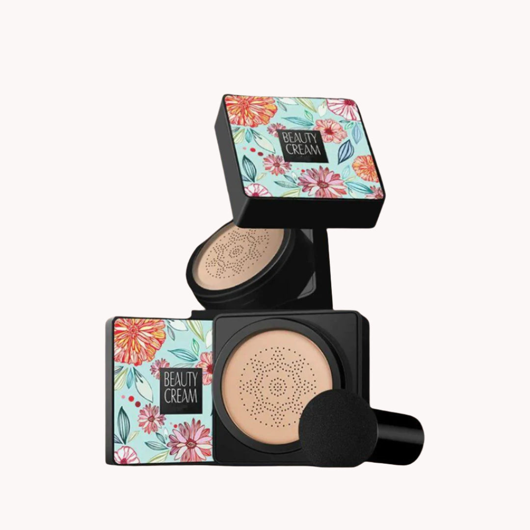 Water-resistant beauty base foundation cushion compact with floral lid, mushroom sponge applicator, and ivory cream.